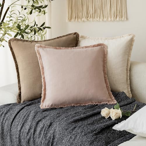 Decorative Linen Fringe Throw Pillow Covers 22×22 Light Pink (2 Count)