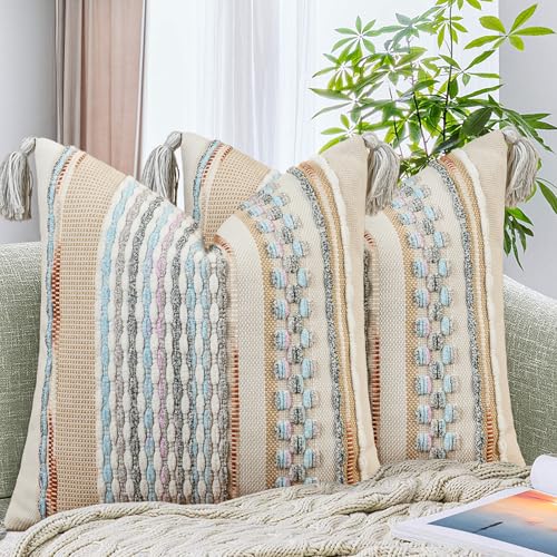 Set of 2 Chenille Striped Textured Boho Throw Pillow Covers Aesthetic with Tassels Woven Decorative Pillow Case for Couch Bed Sofa Bedroom Modern Funky 18 x 18 (2 Count)