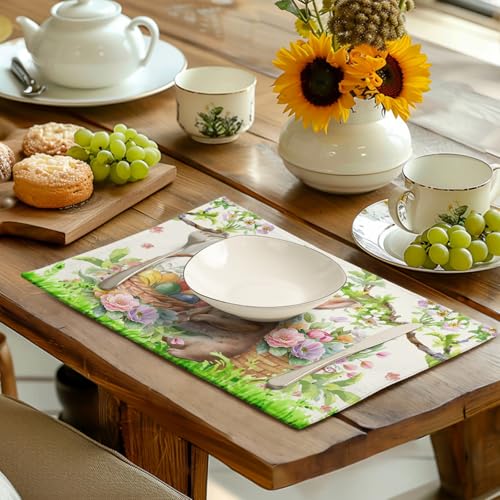 Easter Rabbit Placemats Set of 4 Spring Easter Egg Bunny Flowers Floral Place Mat 12x18 Inch Seasonal Farmhouse Linen Fabric Table Mats for Kitchen Dining Outdoor Indoor Easter Party Decoration