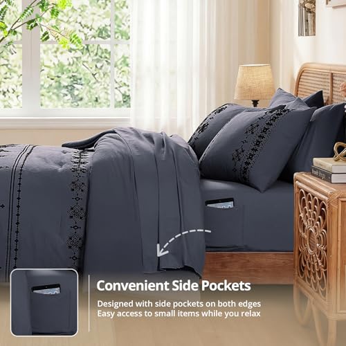 King Size Comforter Set Embroidery Floral 7 Pieces Bed in a Bag
