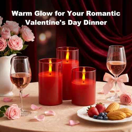 Red Glass Flameless LED Candles Battery Operated with Remote Timer (3 Count)