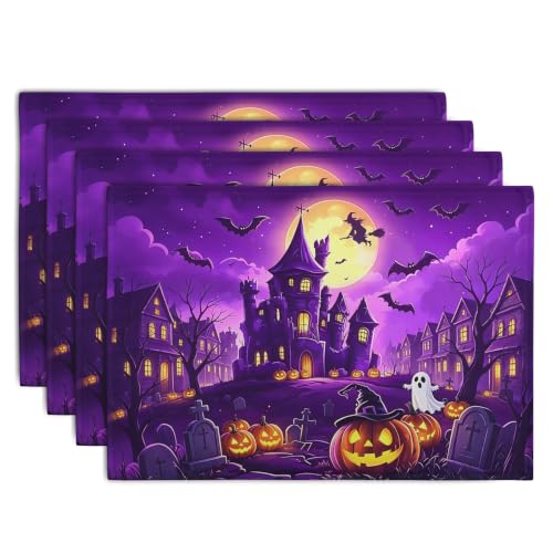 Purple Halloween Placemats Set of 4 Castle Witch Bats Pumpkin Spooky Place Mats Farmhouse Fall Holiday Table Mats for Party Kitchen Dining Outdoor Indoor Decor (4 Count)
