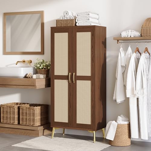 Tall Bathroom Storage Cabinet 57" Rattan Pantry Cabinet
