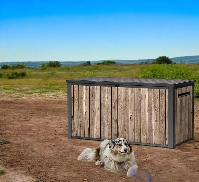 Outdoor Storage Box, Wood-Look Resin Deck Container, Indoor/Outdoor Storage, Ash Wood Brown (170 Gallon)