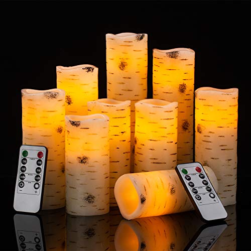 Flameless Flickering LED Candles with Birch Bark Effect (9 Count)