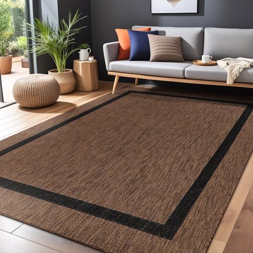 Bordered Outdoor Rug 6x9 Washable Outside Carpet for Indoor Patio Porch Waterproof Easy Cleaning Non Shedding Area Rugs Nut Brown