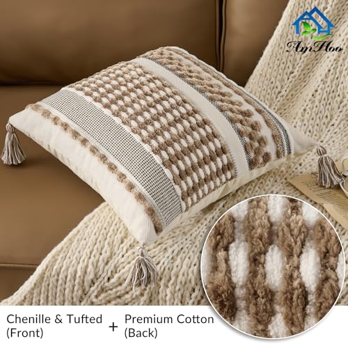 Set of 2 Chenille Striped Textured Boho Throw Pillow Covers Aesthetic with Tassels Woven Decorative Pillow Case for Couch Bed Sofa Bedroom Modern Funky 18 x 18 (2 Count)