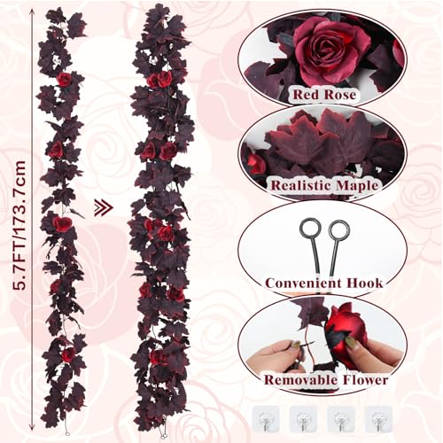 Fall Leaves Garland Hanging Maple Leaf Vines Fake Burgundy Rose (11.4 Foot)