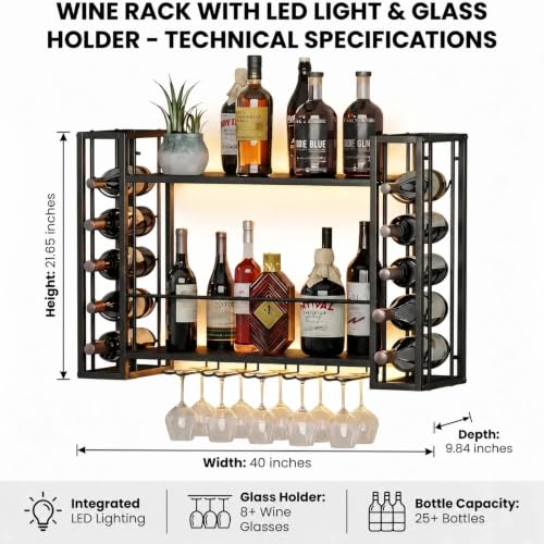 40" Wall Mounted Wine Rack with LED Lights & Wine Glass Rack
