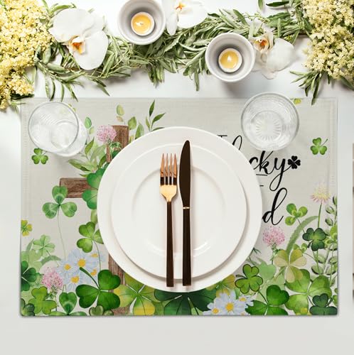 St Patricks Placemats Set of 4 St. Patrick's Day Cross Shamrocks Clover Linen Table Mats 12x18 Inch Spring Heat Resistant Washable Place Mat for Kitchen Dining Home Party Decor (4 Count)