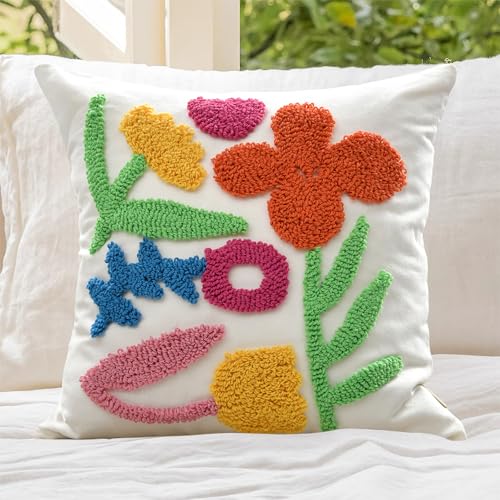 Throw Pillow Covers 18x18 Boho Tufted Bright Floral for Sofa