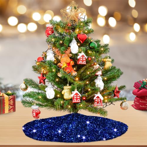 Blue Sequence Christmas Tree Skirt 21 Inches Mini Christmas Tree Mat for Home Decor Miniature Unique Xmas Tree Carpet Skirts Ornament for Christmas Day Family Reunion Holiday Party Banquet