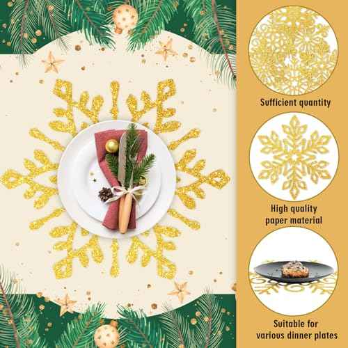 60Pcs Christmas Snowflake Paper Placemat Disposable Gold Glitter Snowflake Shaped Dining Table Setting for Winter Xmas Holiday Wedding Birthday Party Kitchen (60 Count)