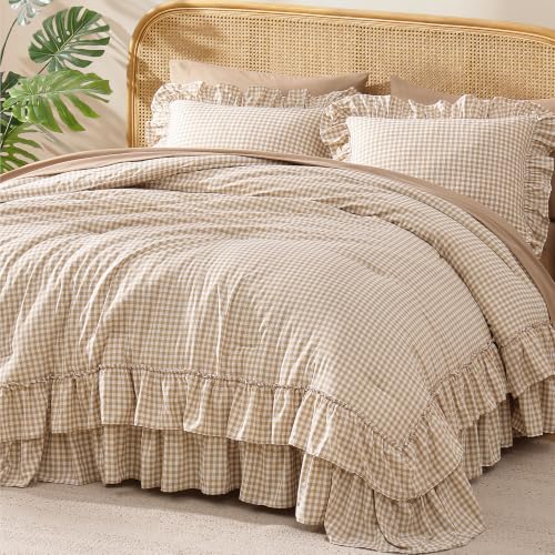King Size Comforter Set Gingham Ruffle Tan 7 Pieces Bed in a Bag