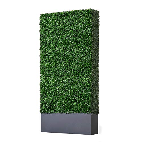 Upgraded Artificial Boxwood Hedge Wall with Dark Grey Stainless Steel Planter Outdoor Backdrop Privacy Screen (32 Sq Ft)