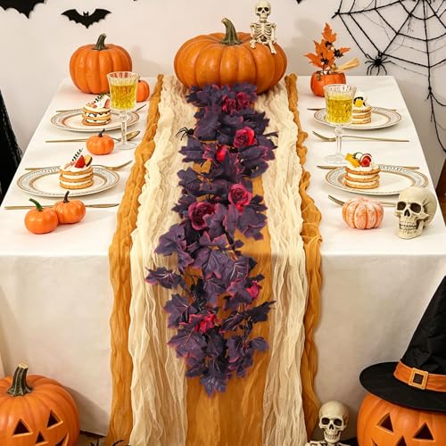 Fall Leaves Garland Hanging Maple Leaf Vines Fake Burgundy Rose (11.4 Foot)