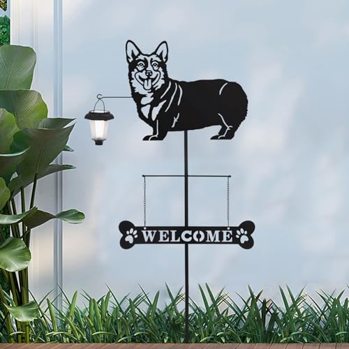 Solar Corgi Silhouette Dog Breed Welcome Sign with a Lantern