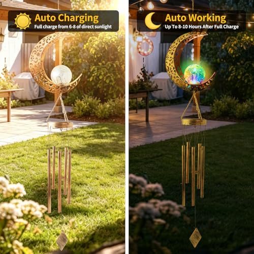 Solar Moon Wind Chimes for Outside Color Changing Unique Birthday Mom Gifts for Women Mom Grandma Crackle Glass Ball LED Wind Chimes Solar Lights Outdoor Garden Decor Light for Patio Yard Backyard