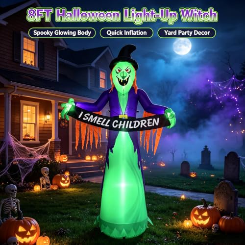 8FT Halloween Inflatable Witch Decorations for Outdoor Yard with LED Lights (Greenish Purple)