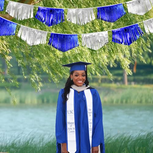 Royal Blue Silver Tassel Banner Metallic Fabric Pennant Bunting Flag for Graduation Birthday Retirement Bachelorette Engagement Wedding Bridal Shower Navy Nautical Ahoy Achor Party Decoration Supplies (16.93 Foot)
