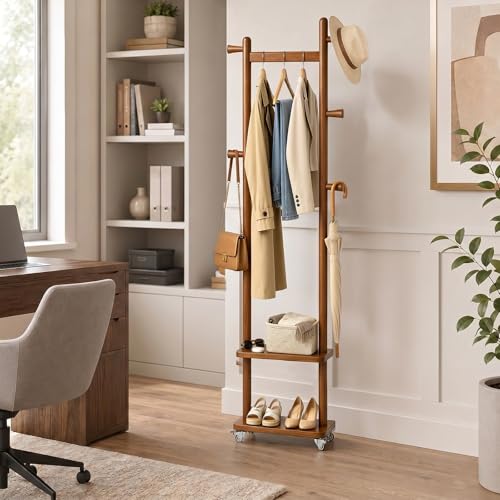 Small Clothes Rack Solid Wood Coat Rack Freestanding with Wheels