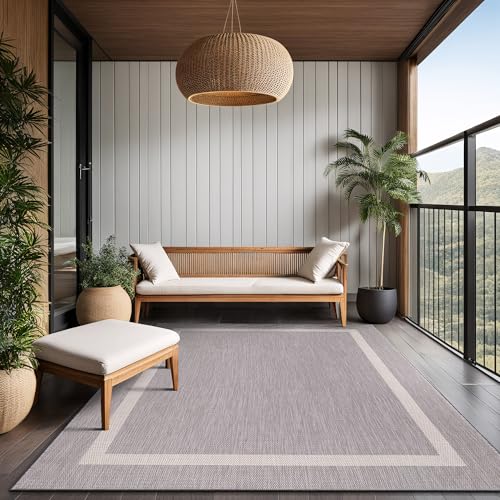 Bordered Outdoor Rug 10x14 Washable Outside Carpet for Indoor Patio Porch Waterproof Easy Cleaning Non Shedding Area Rugs Gray 10 x 14
