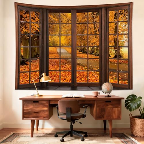 Fall Forest Window Tapestry for Bedroom Autumn Maple Tree with Orange Leaves Tapestry Wall Hanging Rustic Vintage Wall Decor for Living Room