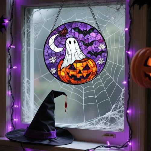 Stained Glass Window Hanging Halloween Horror Pumpkin 9.8"