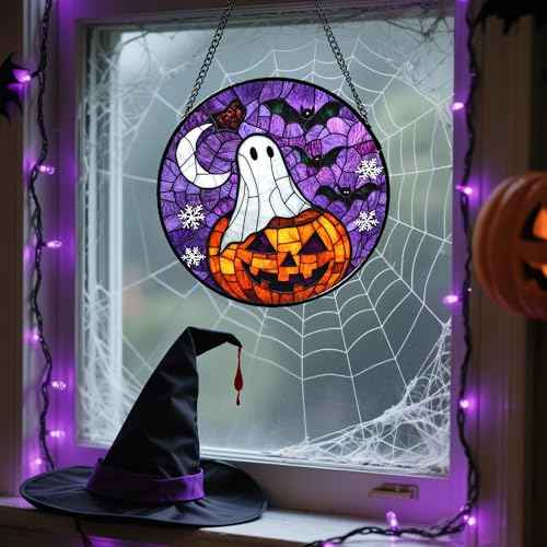 Stained Glass Window Hanging Halloween Horror Pumpkin 11.8"