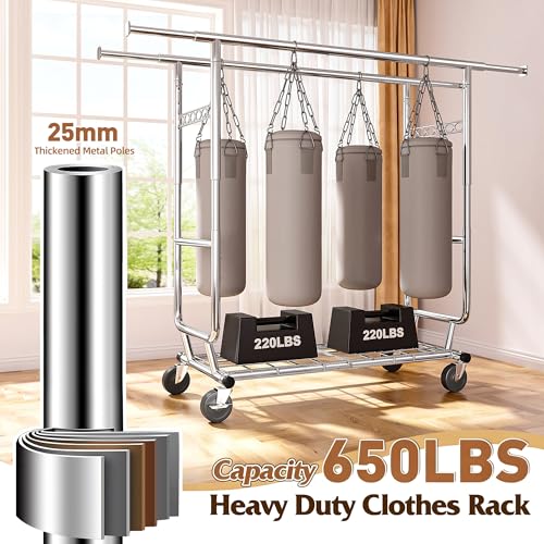 Heavy Duty Clothes Rack 650LBS Double Rods with Shelf Collapsible