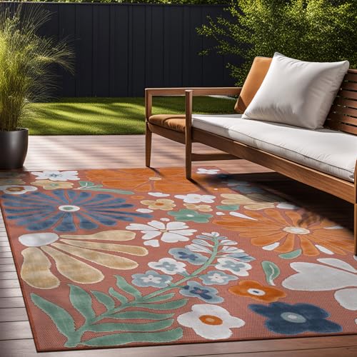 Outdoor Rug 10x14 Large Modern Floral Tropical Area Rugs for Outdoor and Indoor Patio Easy to Clean Non Shedding Living Room Porch Garden Washable Outside Carpet (140 Sq Ft)