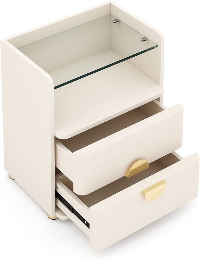 Nightstand with 2 Drawers, Modern Night Stand with Open Storage Space, Wood Bed Side Table for Bedroom, Tempered Glasses Beige End Table with Gold Round Metal Legs for Living Room, Easy Assembly