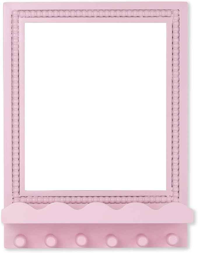 Tirzah 16x12 Inch Wall Mount Beaded Wood Framed Mirror with Shelf and 6 Hooks, Pink Decorative Entryway Mirror with Storage for Laundry Room, Bathroom, Bedroom