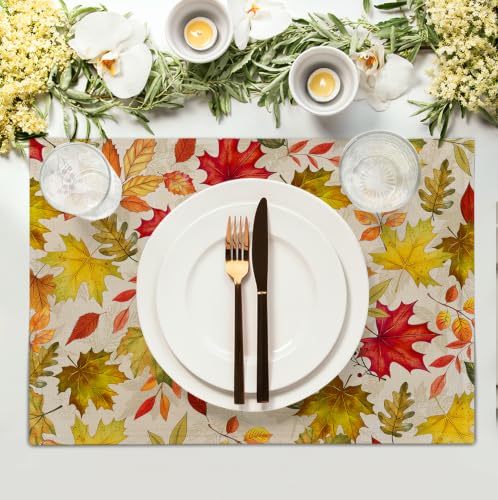 Fall Maple Leaves Placemats Set of 4 12x18 Inch Thanksgiving Autumn Colorful Leaf Dining Table Mats Rustic Seasonal Farmhouse Place Mats for Kitchen Party Home Decoration (4 Count)