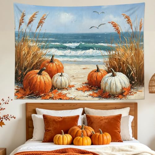 Coastal Fall Pumpkin Tapestry beach Landscape Wall Decor 80Wx60L Inch