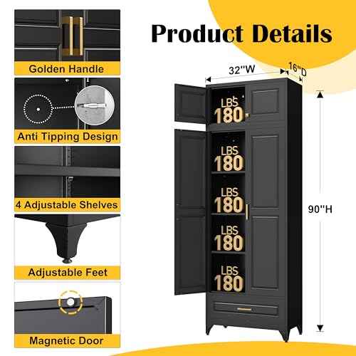 90" Metal Storage Cabinet with Doors and 3 Adjustable Shelves
