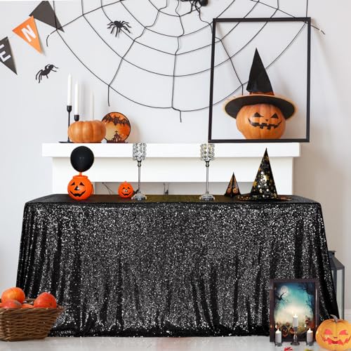 Sequin Tablecloth 90x132 Inch Black for Halloween Wedding Party