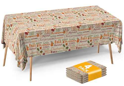 Fall Thanksgiving Tablecloth 4 Packs 54x108 Plastic Disposable Thanksgiving Table Cloth Rectangle Fall Tablecover for Holiday Dinner Party Decorations Outdoor Picnic & Baby Showers (4 Count)