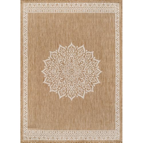 Outdoor Rug 5x7 Medallion Natural Modern Area Rugs for Indoor and Outdoor Patios Kitchen and Hallway Mats Washable Porch Deck Outside Carpet (35 Sq Ft)