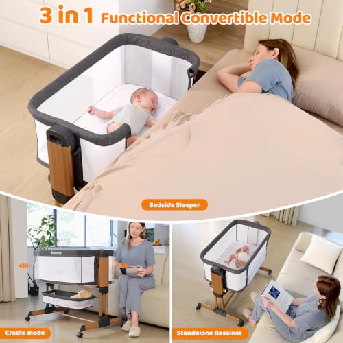 3-in-1 Baby Bassinet, Rocking Baby Bassinets Bedside Sleeper, Adjustable Portable Crib for Newborn Infant with Wheels Storage Basket and Mesh Sides