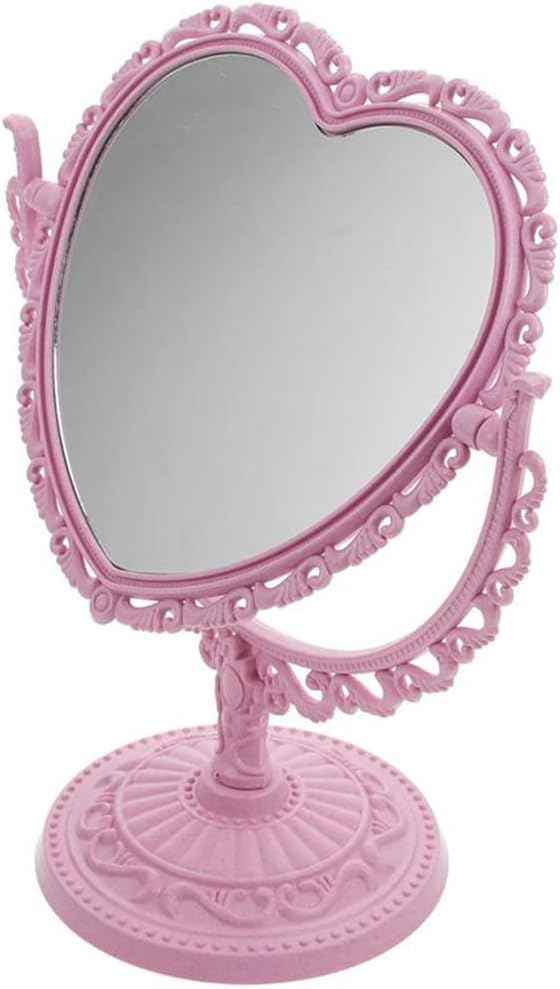 AKOAK Heart-Shaped Cosmetic Mirror - Plastic, Double-Sided, Rotatable, Lightweight - Bathroom & Bedroom Mirror (Pink)
