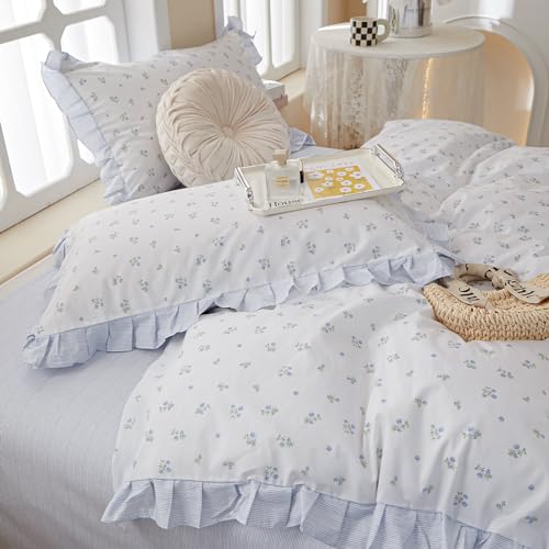 Blue Floral Comforter Set Twin XL Botanical Ruffle Bedding Comforter Fluffy Soft Aesthetic Coquette Bedding Set Girls Cottagecore Blue Flowers Comforter Set with 2 Pillowcases for All Seasons