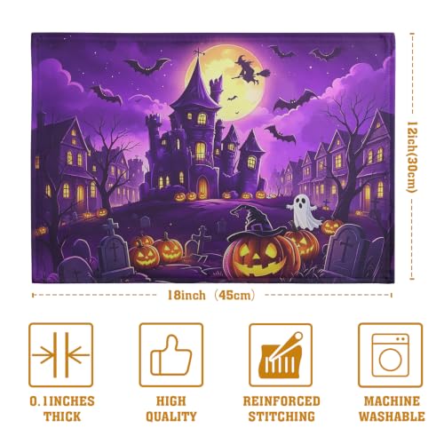 Purple Halloween Placemats Set of 4 Castle Witch Bats Pumpkin Spooky Place Mats Farmhouse Fall Holiday Table Mats for Party Kitchen Dining Outdoor Indoor Decor (4 Count)