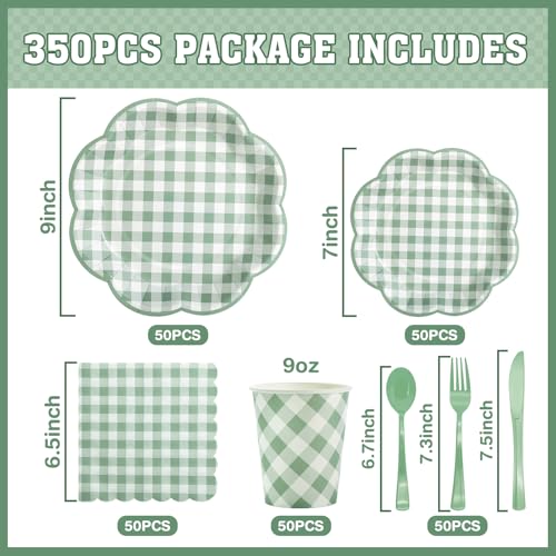 350 Pcs Sage Green Gingham Paper Plates and Napkins Party Supplies