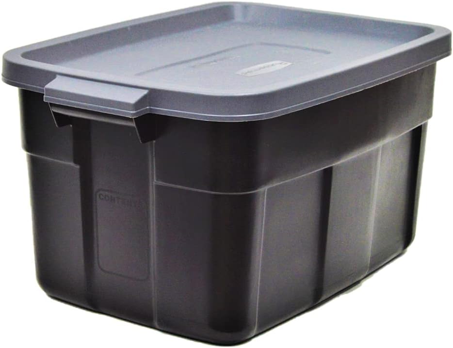 Rubbermaid Roughneck Tote 31 Gal, 3 Pack, Made in USA, Black & Gray, Rugged Plastic Stackable Storage Bins with Lids and Handles