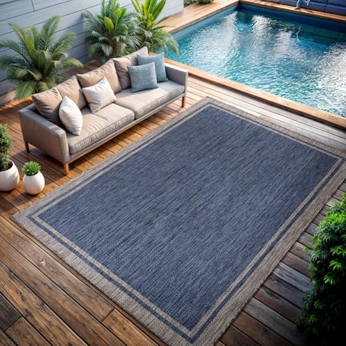 Outdoor Rug 5x7 Bordered Navy Blue Gray Modern Area Rugs for Indoor and Outdoor Patios (35 Sq Ft)