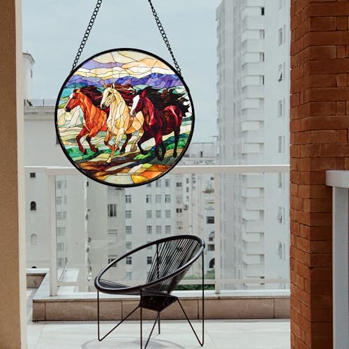 Running Horses Stained Glass Window Hanging Suncatcher Gift for Women 7.8"