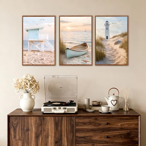 KAlRNE Beach Room Photo Framed Coastal Decor Ocean Wall Art Set (3 Count)