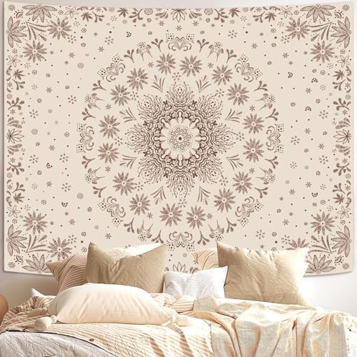 Boho Floral Mandala Tapestry Wall Hanging Bohemian Flower Medallion Tapestry Aesthetic Beige Brown Hippie Indian Small Tapestries for Bedroom Living Room Dorm Decor 40 x 30 Inch
