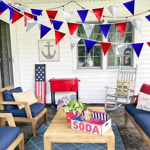 Red Blue Silver Party Decorations Metallic Fabric Triangle Pennant Banner Flag Bunting Garland for Graduations 4th of July American USA National Day Patriotic Veterans Birthday Outdoor Party Supplies (32 Foot)